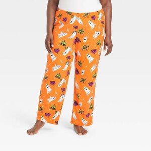 Hyde & Eek! Womens Plus Size 1X Ghost Print Halloween Fleece Pajama Pants Orange